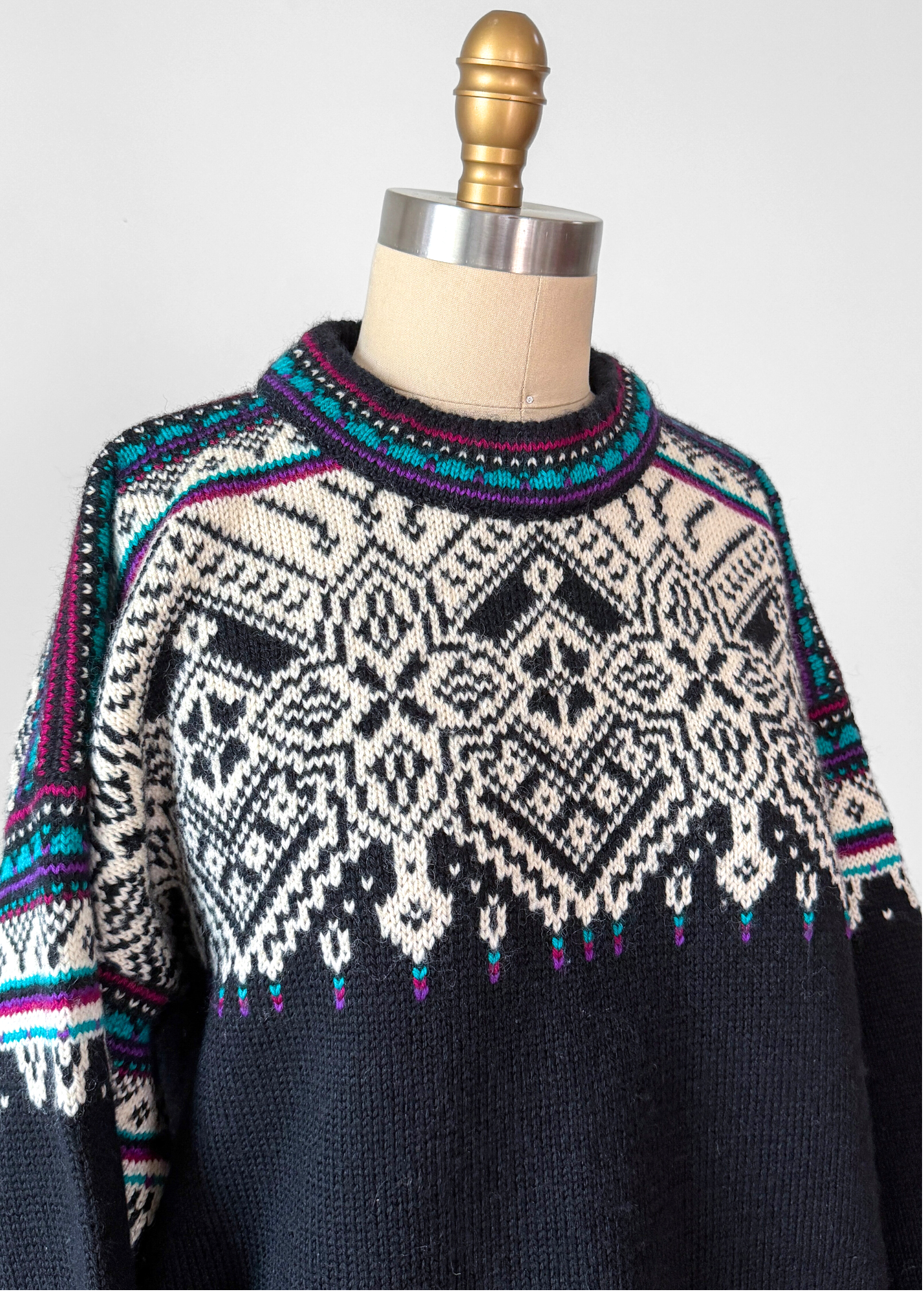 Vintage 90s Dale of Norway Fiemme Black Purple Turquoise Wool Norwegian Sweater Mens (XXL)