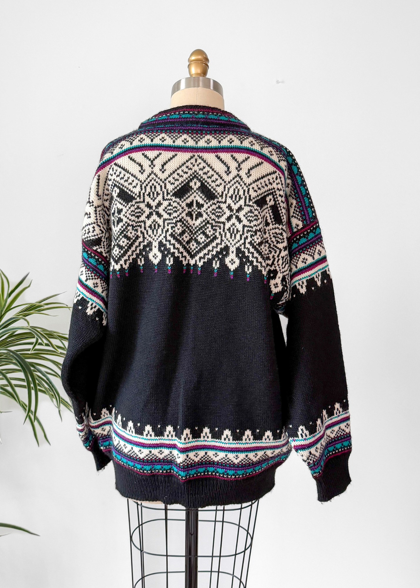 Vintage 90s Dale of Norway Fiemme Black Purple Turquoise Wool Norwegian Sweater Mens (XXL)