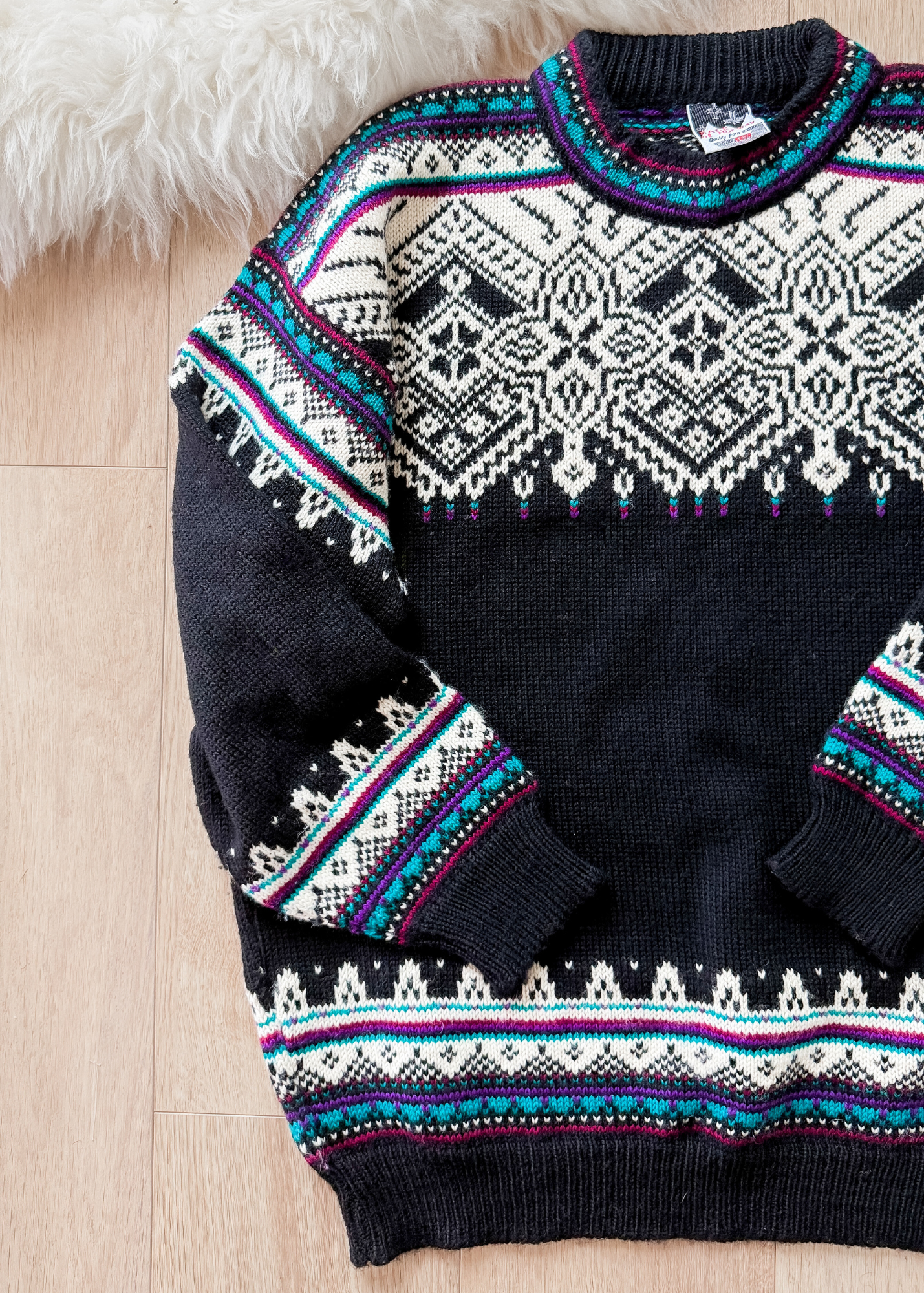 Vintage 90s Dale of Norway Fiemme Black Purple Turquoise Wool Norwegian Sweater Mens (XXL)