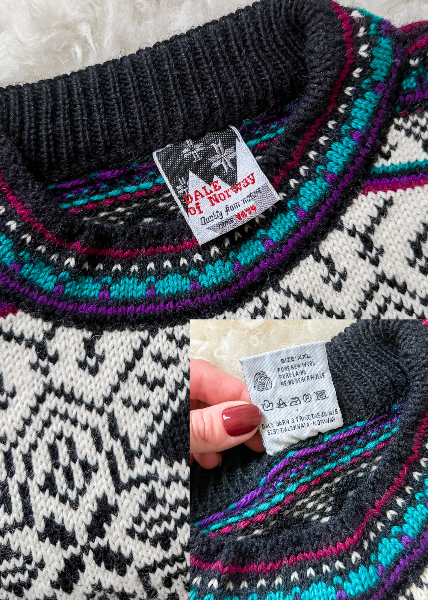 Vintage 90s Dale of Norway Fiemme Black Purple Turquoise Wool Norwegian Sweater Mens (XXL)