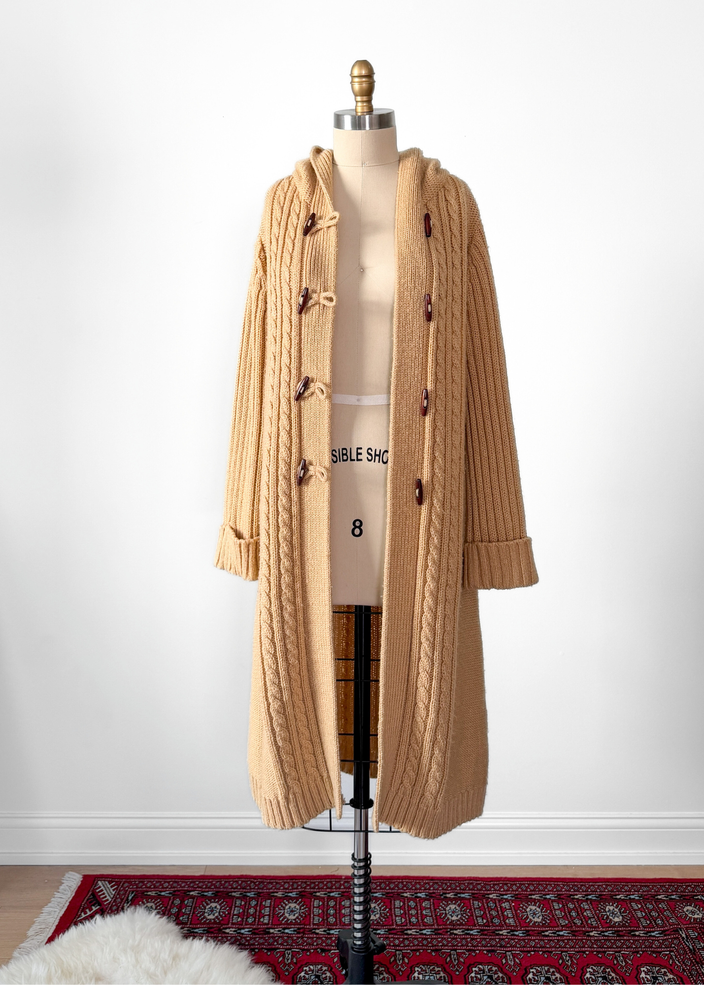 Vintage 70s Collectables Camel Brown Wooden Button Long Hooded Cardigan
