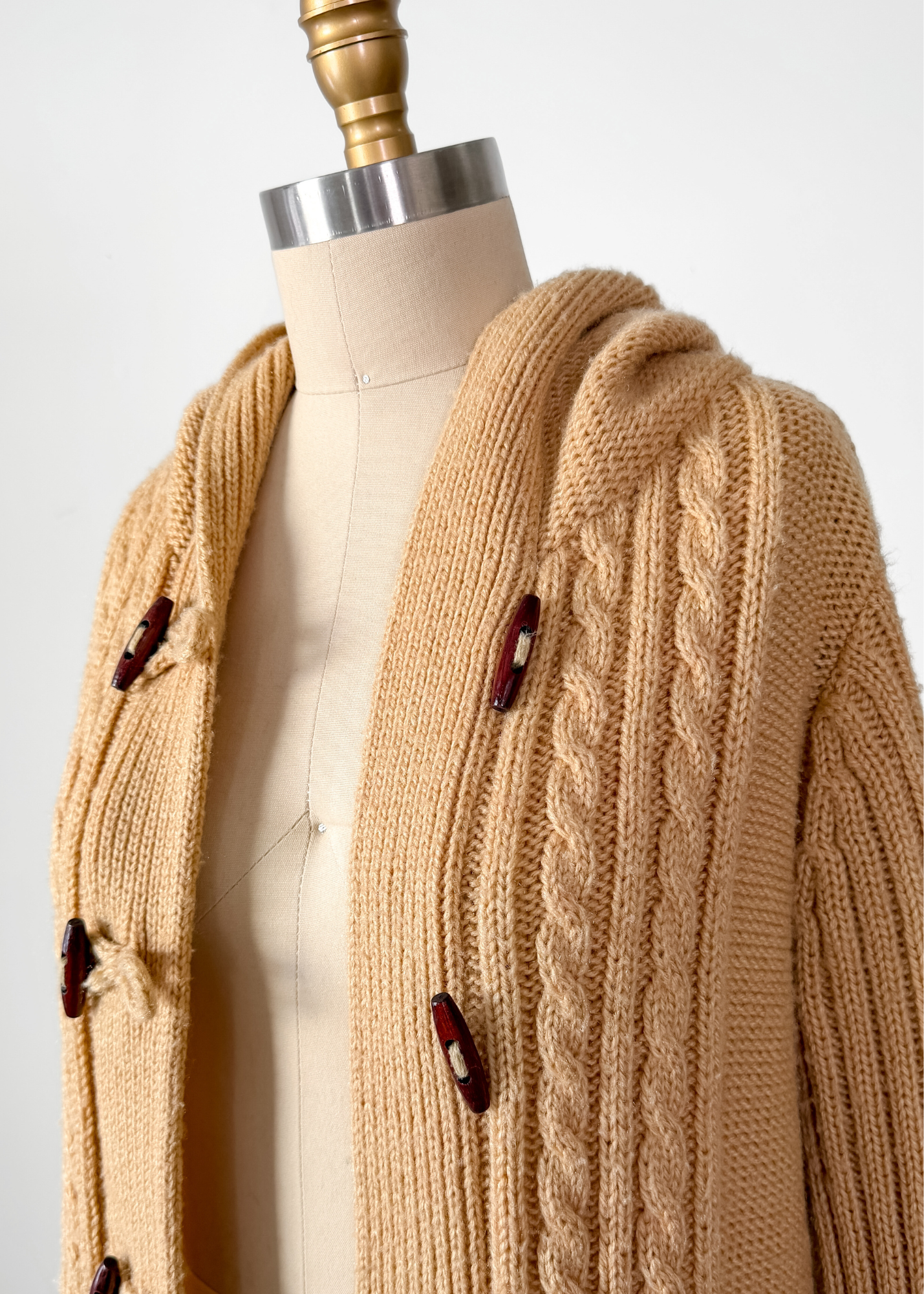 Vintage 70s Collectables Camel Brown Wooden Button Long Hooded Cardigan