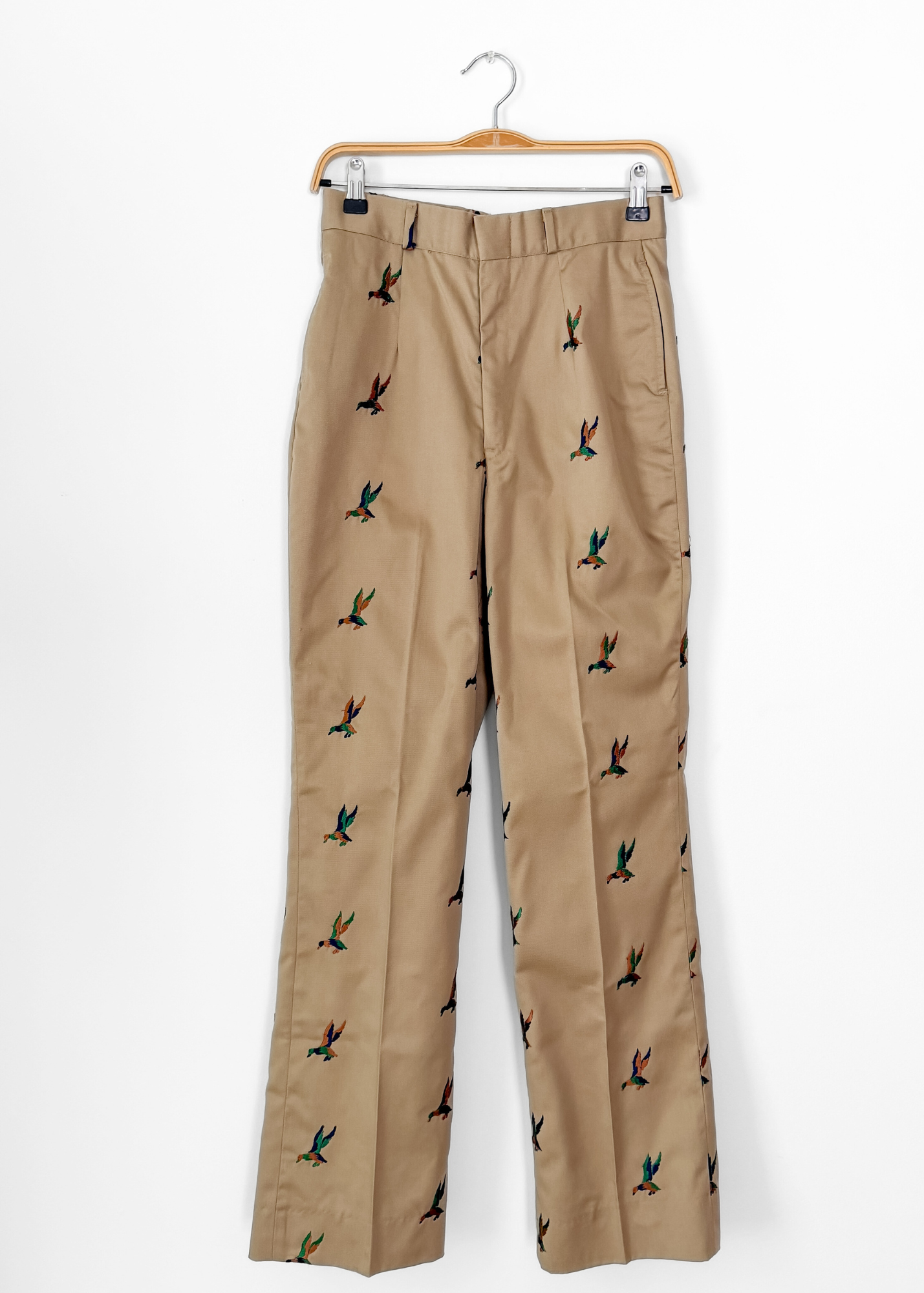 Vintage 70s Khaki Embroidered Mallard Duck Chino High Waist Pants
