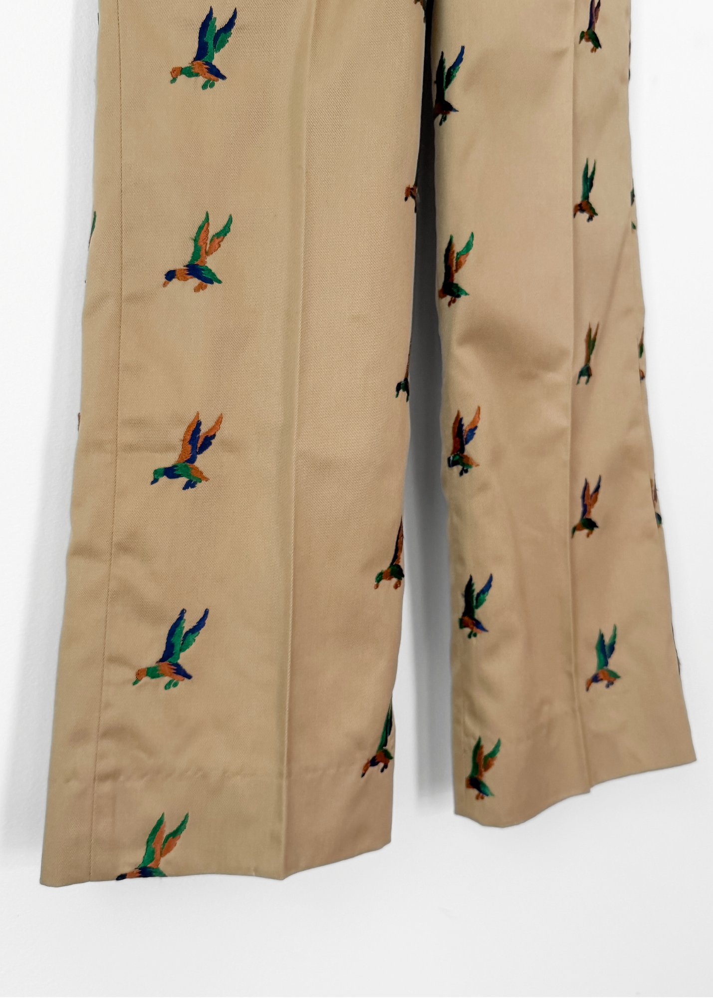 Vintage 70s Khaki Embroidered Mallard Duck Chino High Waist Pants