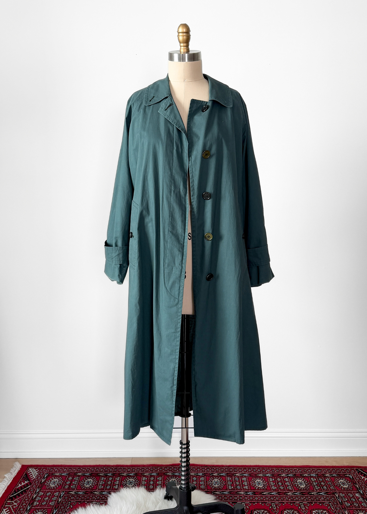 Vintage 90s Burberrys Dark Muted Teal Green Cotton Trench Coat