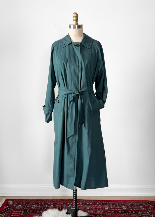 Vintage 90s Burberrys Dark Muted Teal Green Cotton Trench Coat
