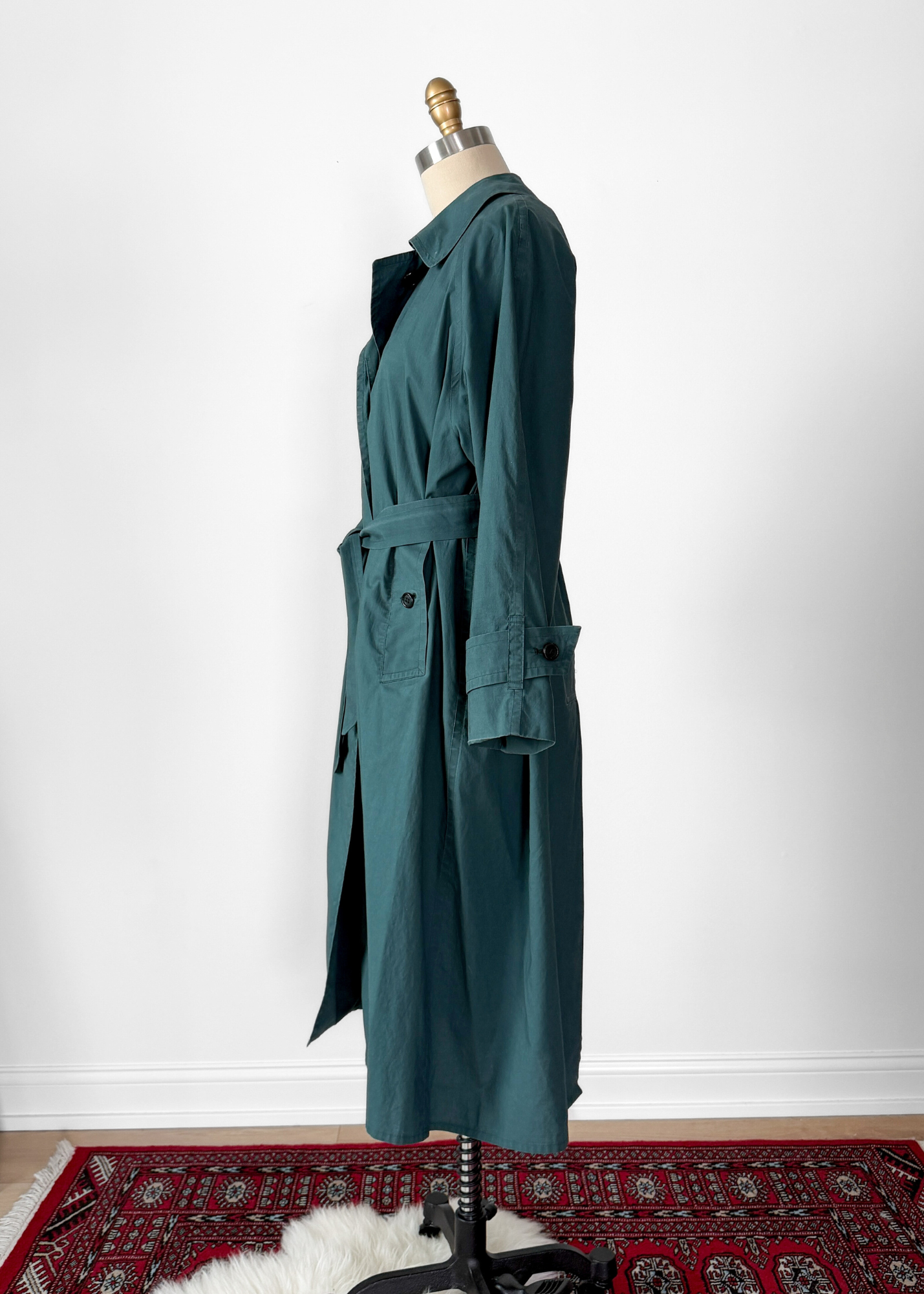 Vintage 90s Burberrys Dark Muted Teal Green Cotton Trench Coat