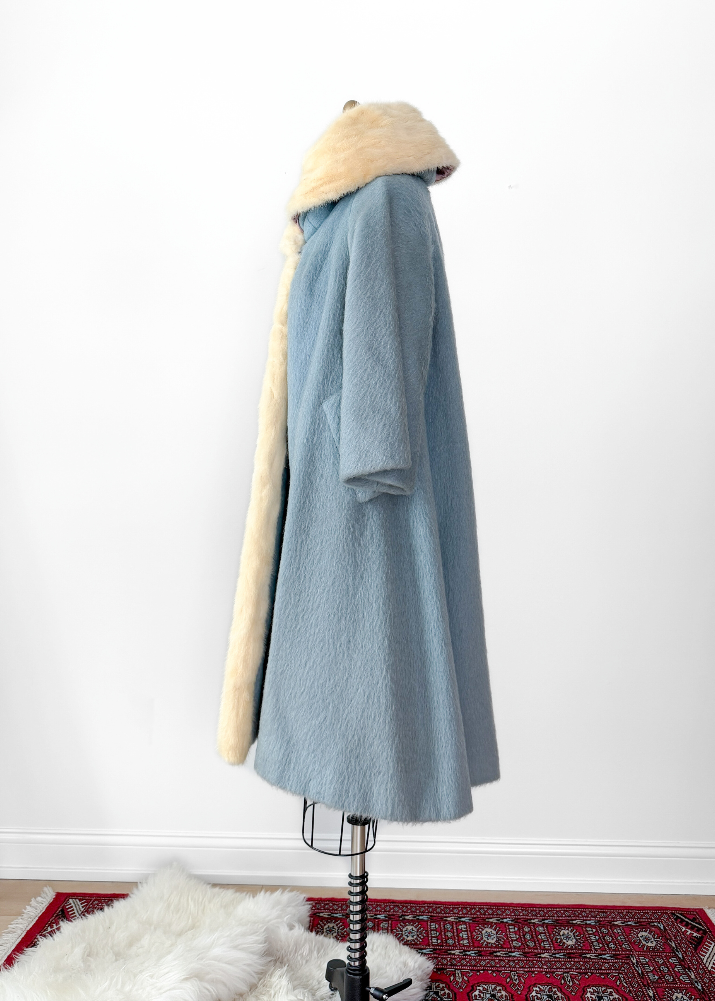 Vintage 60s Lilli Ann Powder Blue Cream Mink Collar Swing Coat