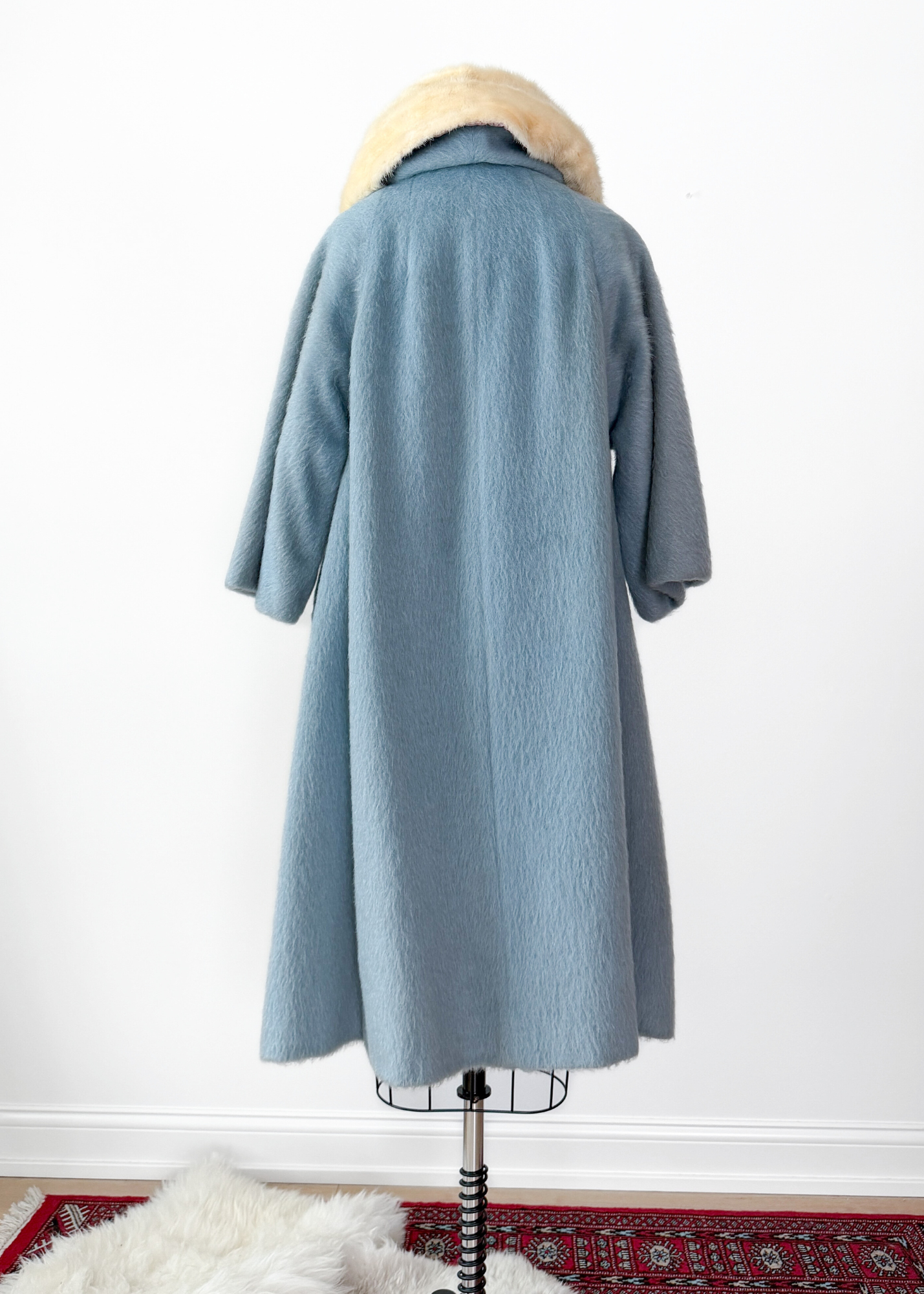 Vintage 60s Lilli Ann Powder Blue Cream Mink Collar Swing Coat
