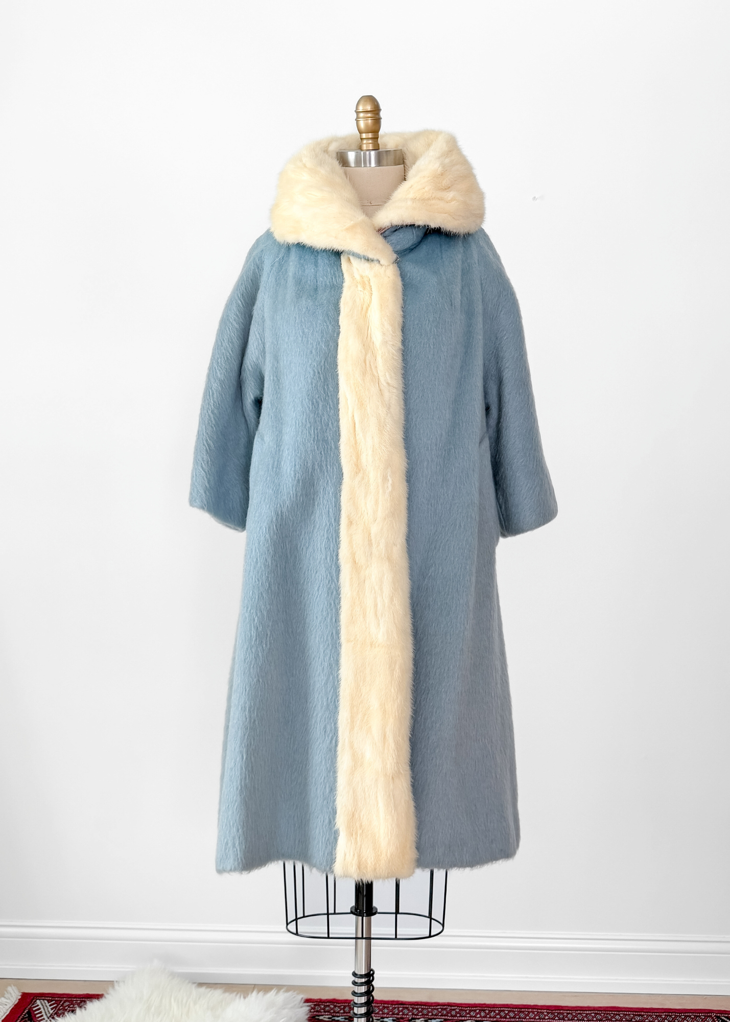 Vintage 60s Lilli Ann Powder Blue Cream Mink Collar Swing Coat