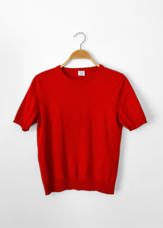 TSE Red Cashmere Knit Short Sleeve Sweater Top (S)