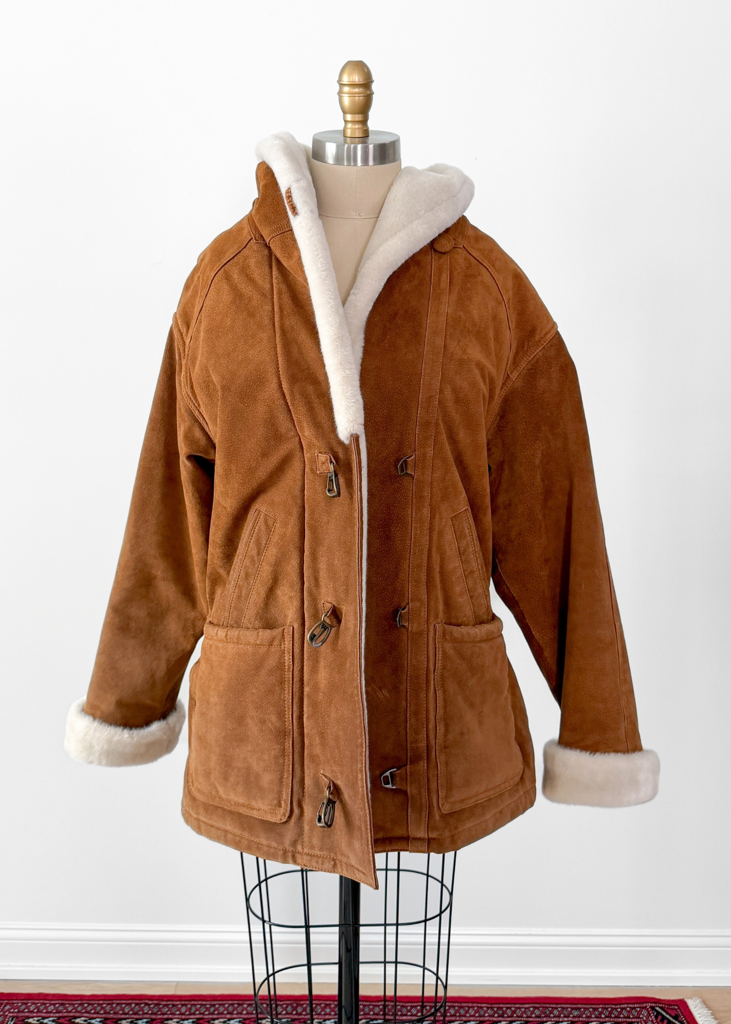 Vintage 90s Brown Suede Leather Faux Fur Lining Winter Coat (L)