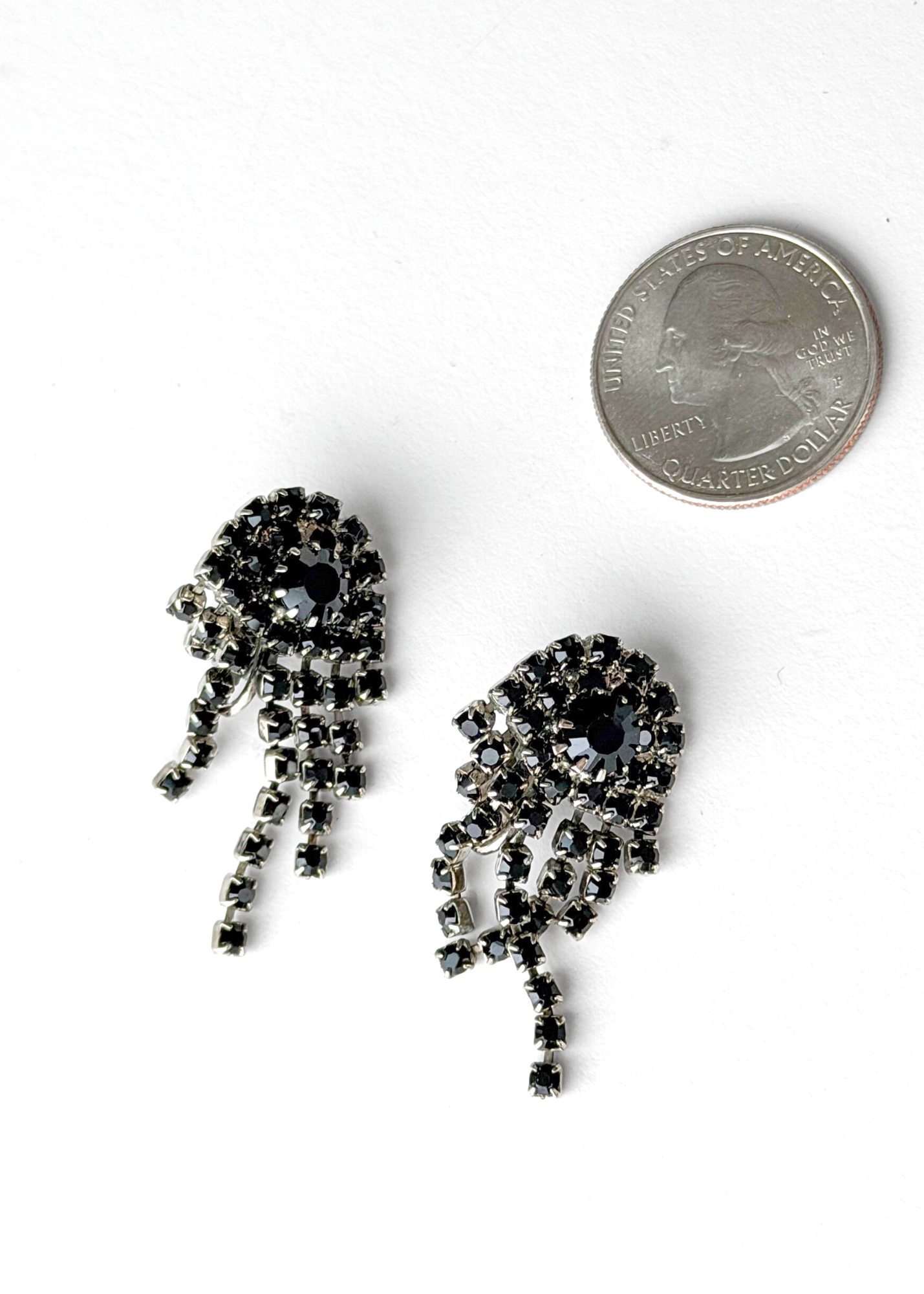 Vintage Black Rhinestone Chandelier Silver Clip-On Earrings