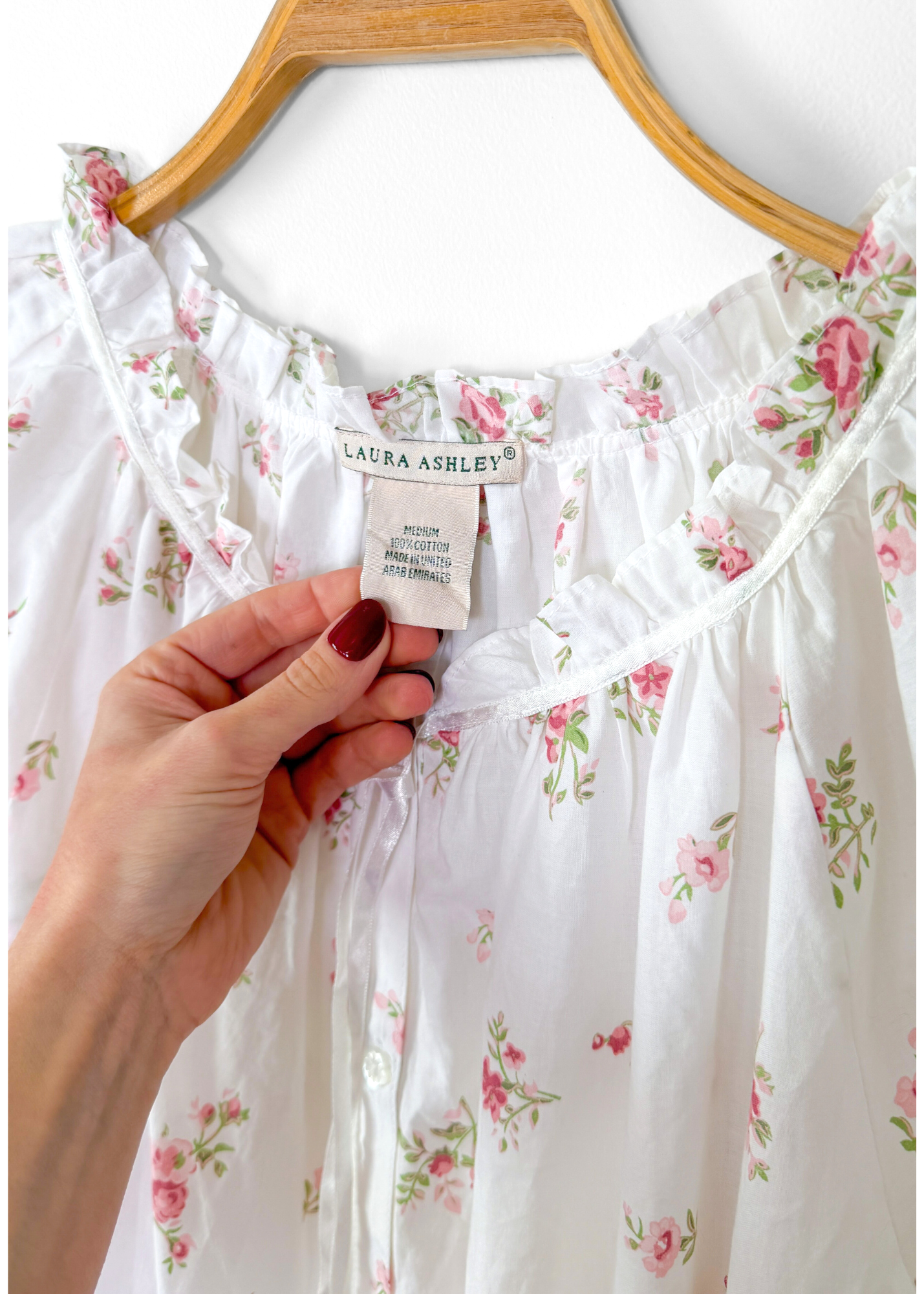 Vintage 90s Laura Ashley White & Rose Floral Print Feminine French Country Nightgown Dress (M)