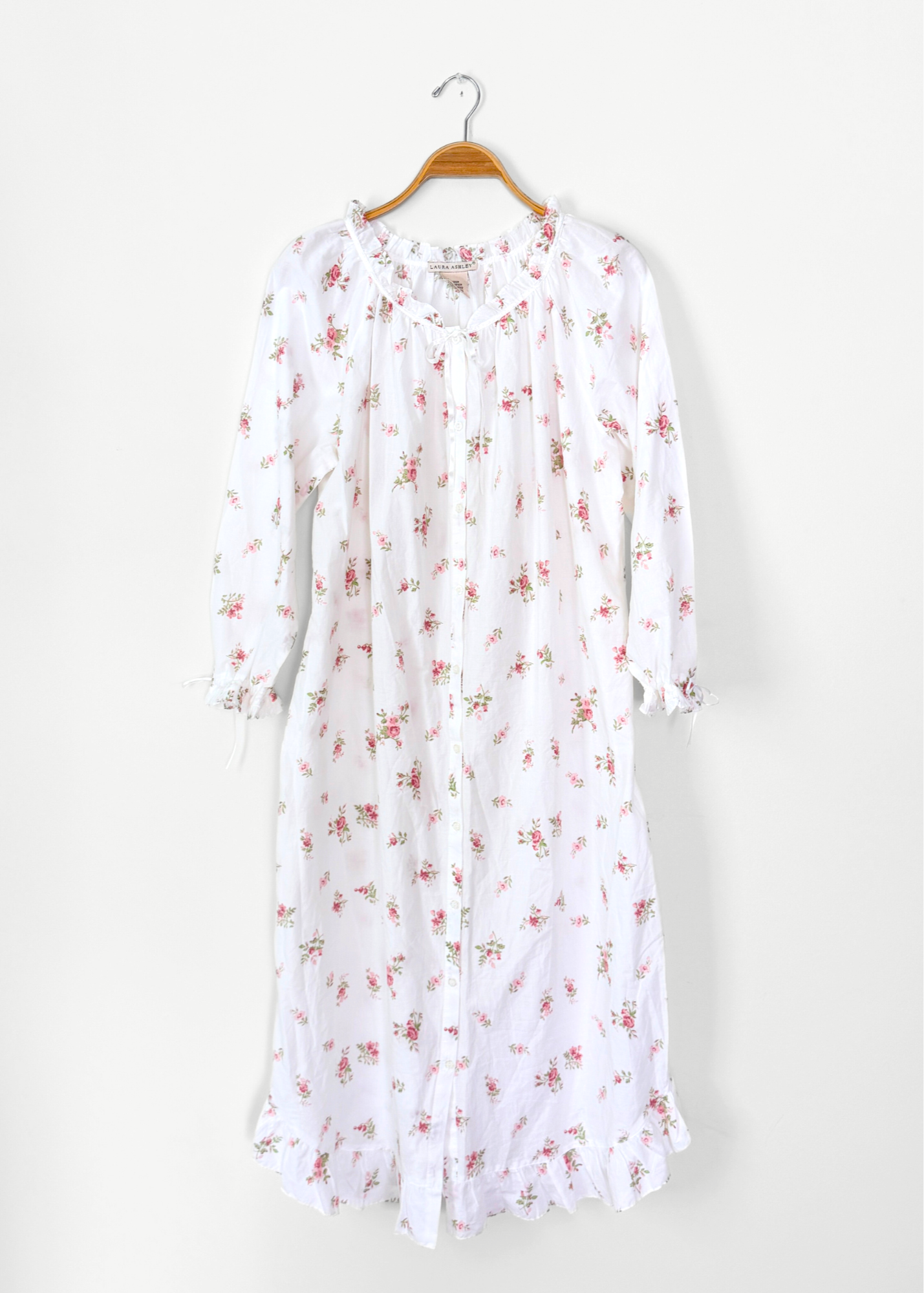 Vintage 90s Laura Ashley White & Rose Floral Print Feminine French Country Nightgown Dress (M)