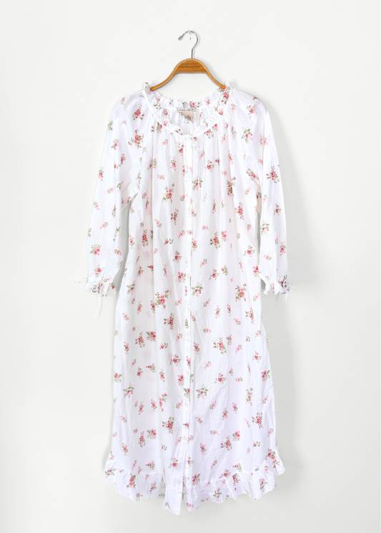 Vintage 90s Laura Ashley White & Rose Floral Print Feminine French Country Nightgown Dress (M)