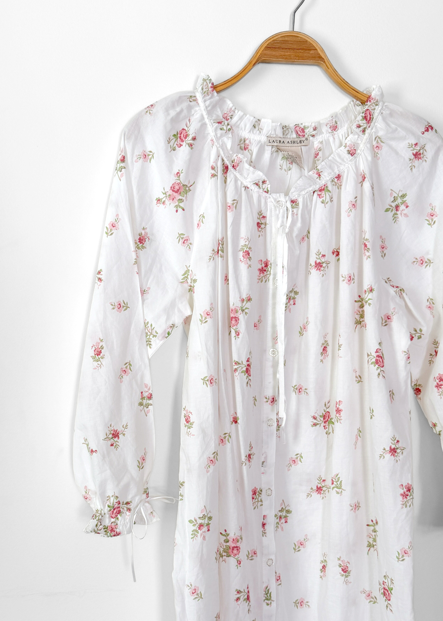 Vintage 90s Laura Ashley White & Rose Floral Print Feminine French Country Nightgown Dress (M)