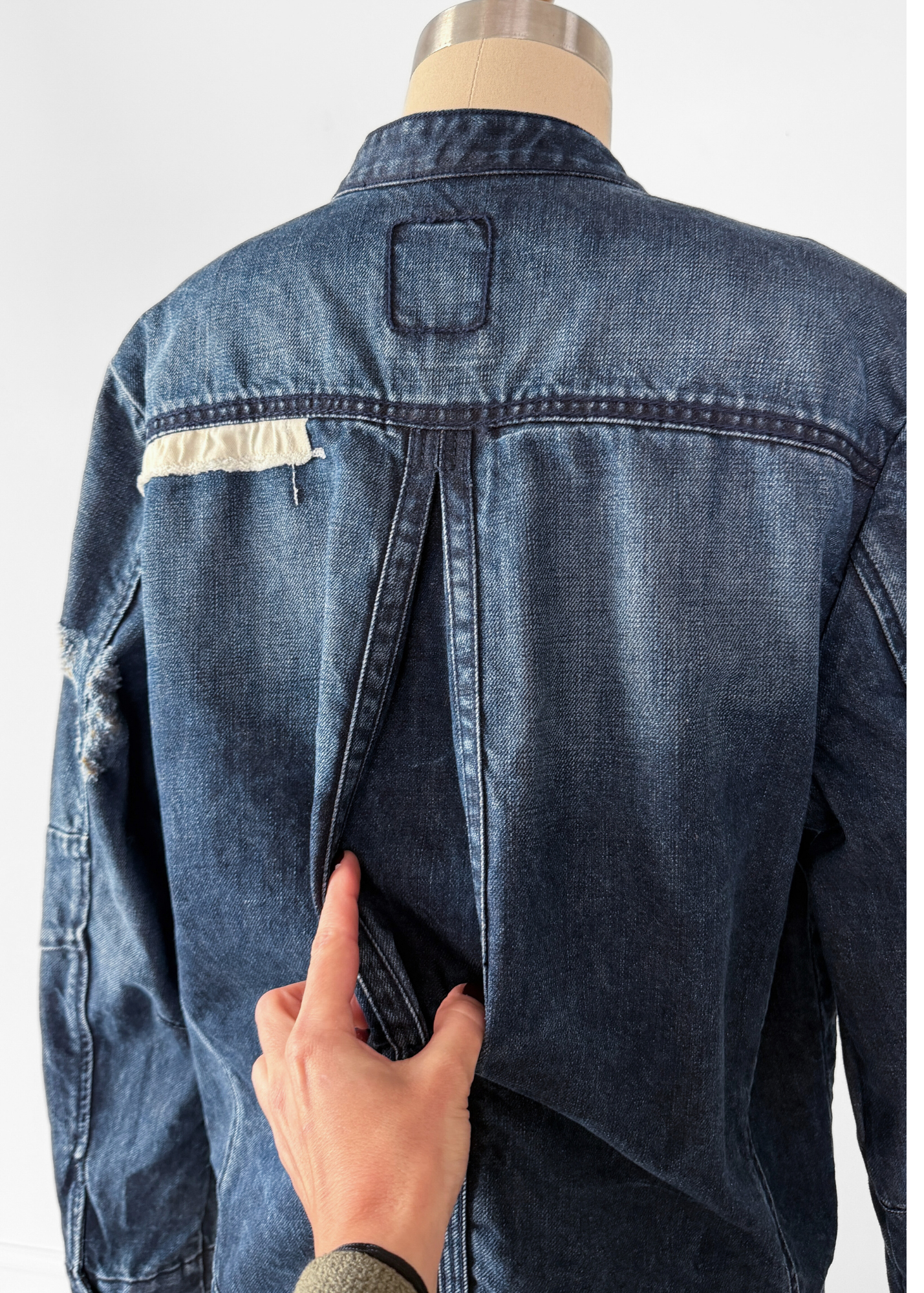 OMM Blue Denim Distressed Patchwork Jean Moto Jacket (L)