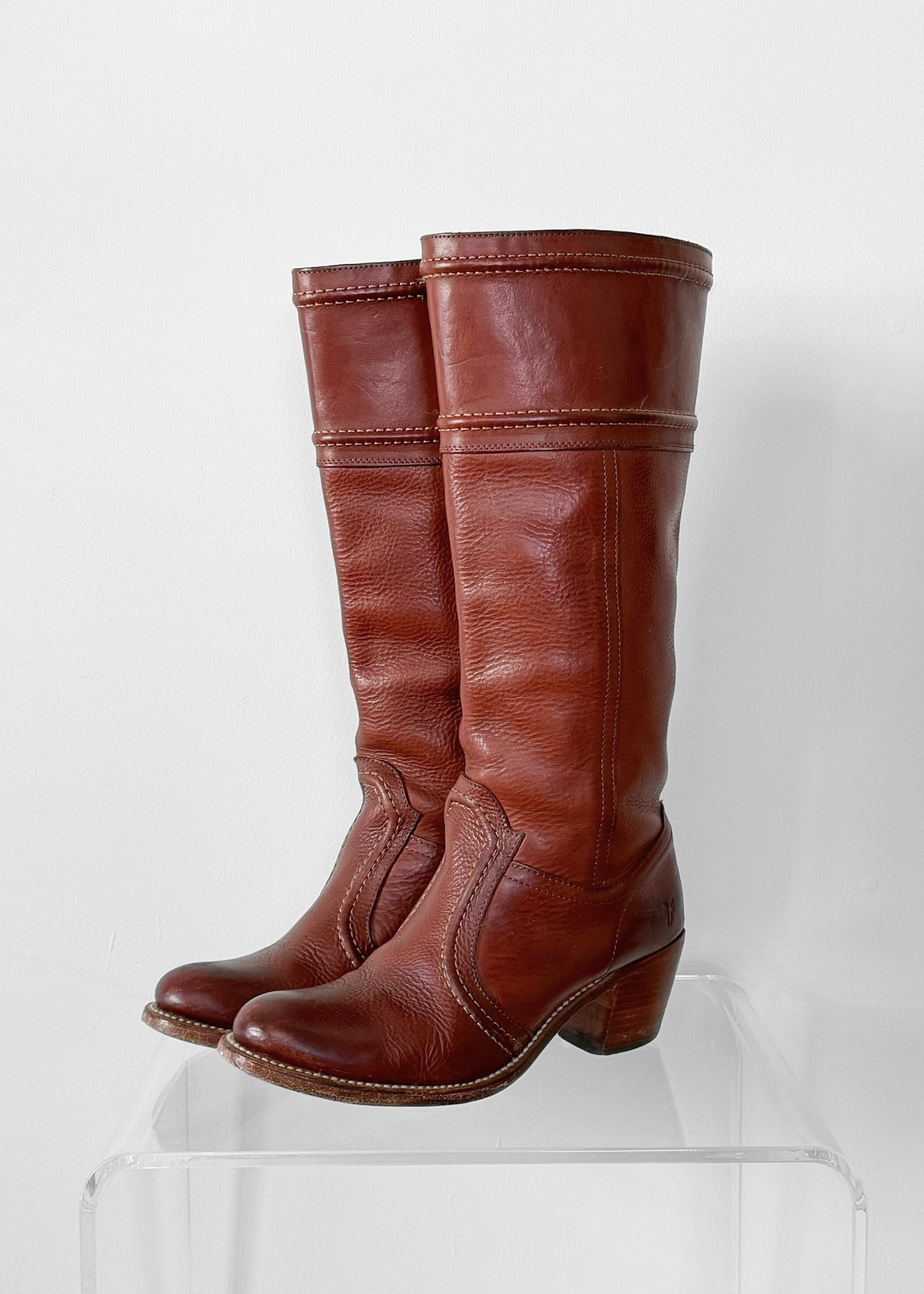 FRYE Jane Stitch Dark Brown Redwood Leather Riding Boots 77230  (8.5)