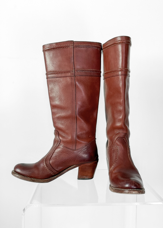 FRYE Jane Stitch Dark Brown Redwood Leather Riding Boots 77230  (8.5)