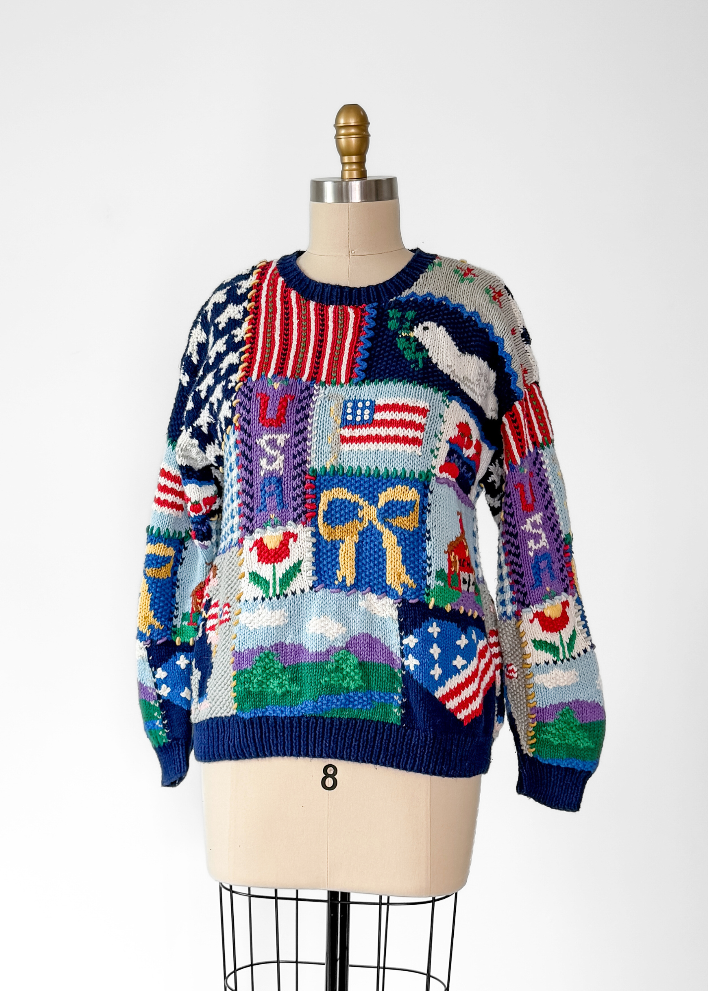 Vintage 90s Northern Isles Patchwork Hand Knit Americana School Yard Knit Pullover (S petite)
