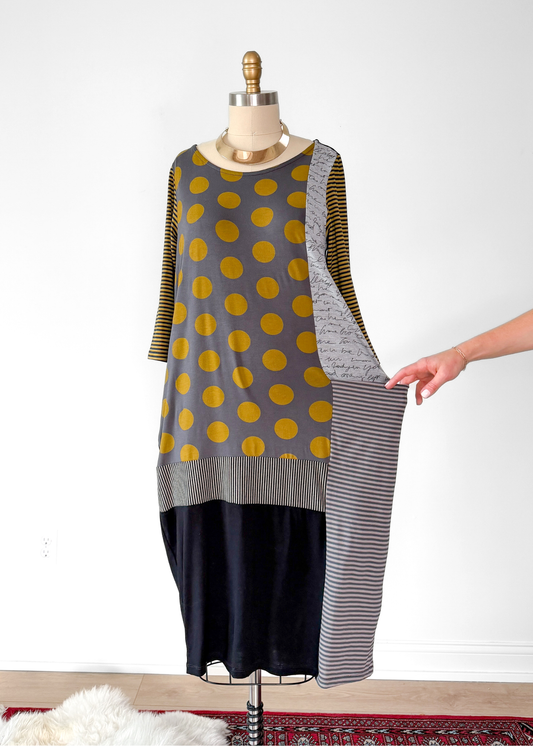 Alembika City Sizzle Mustard Yellow Gray Black Jersey Midi Dress (8/10)