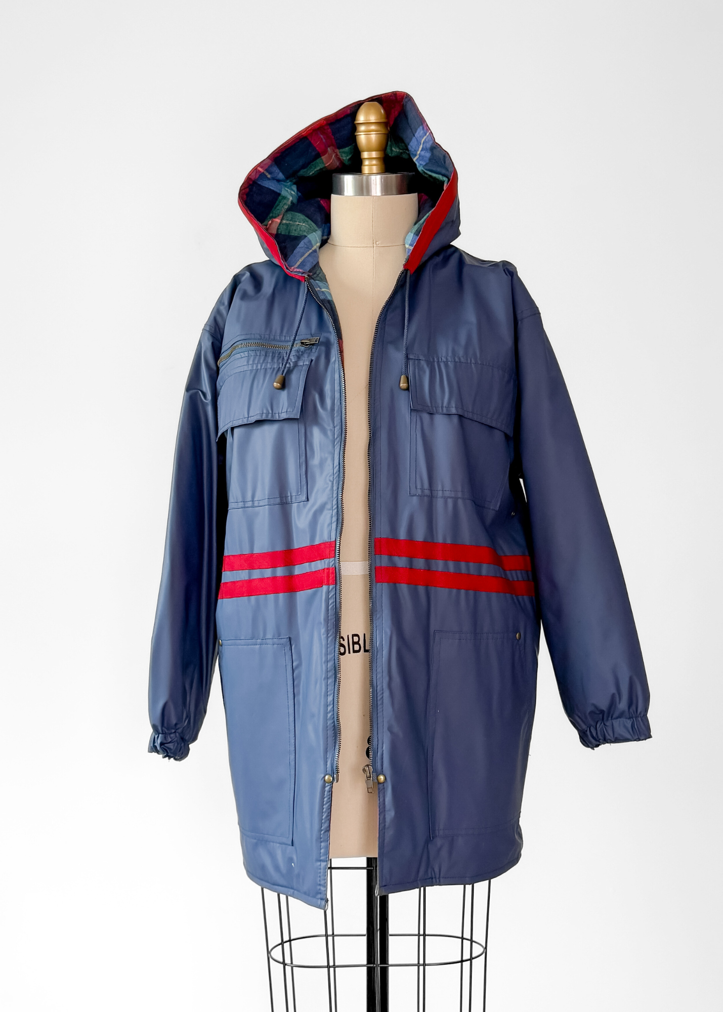 Vintage 90s J.G Hook Blue Red Plaid Rain Coat (S)