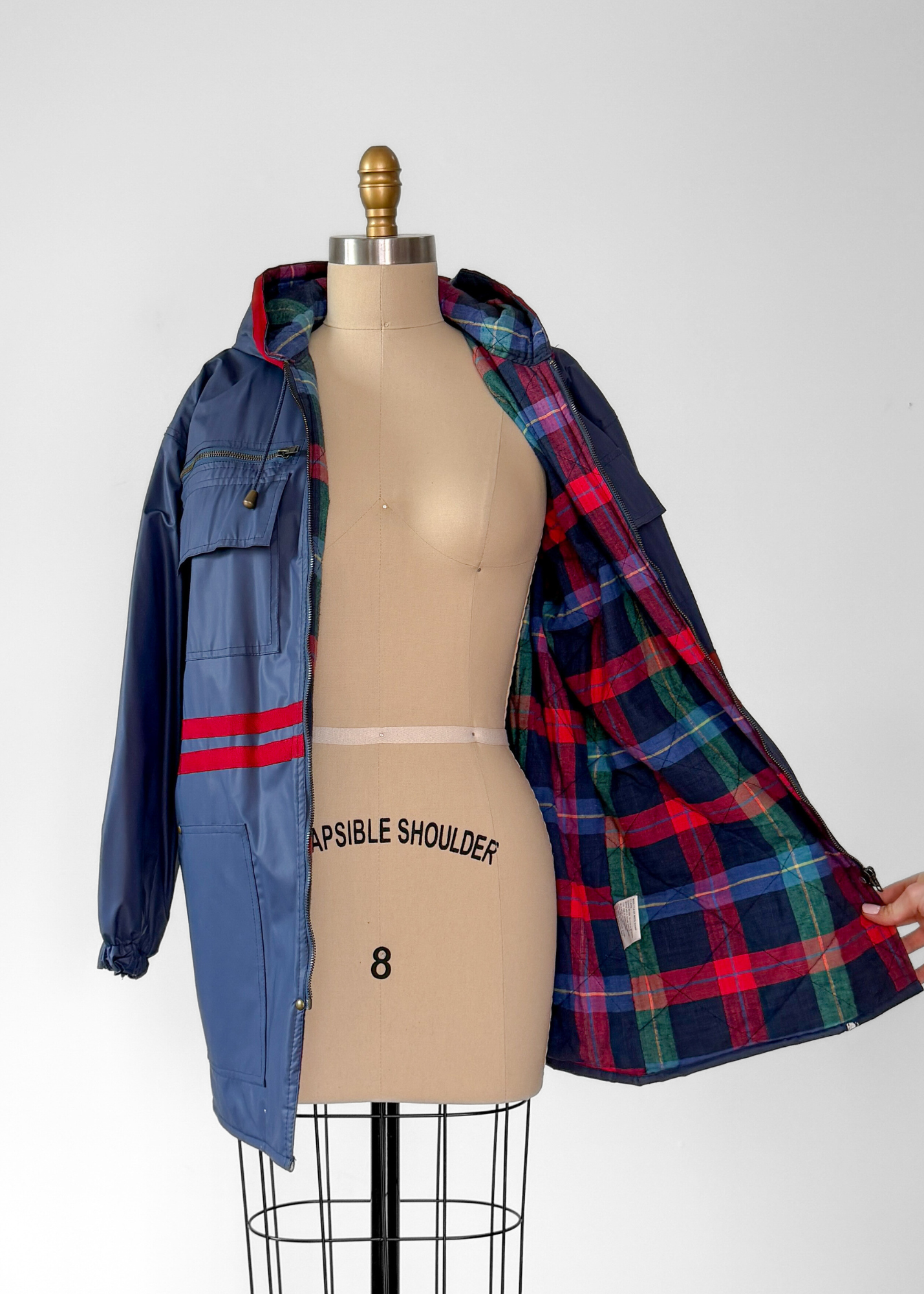 Vintage 90s J.G Hook Blue Red Plaid Rain Coat (S)