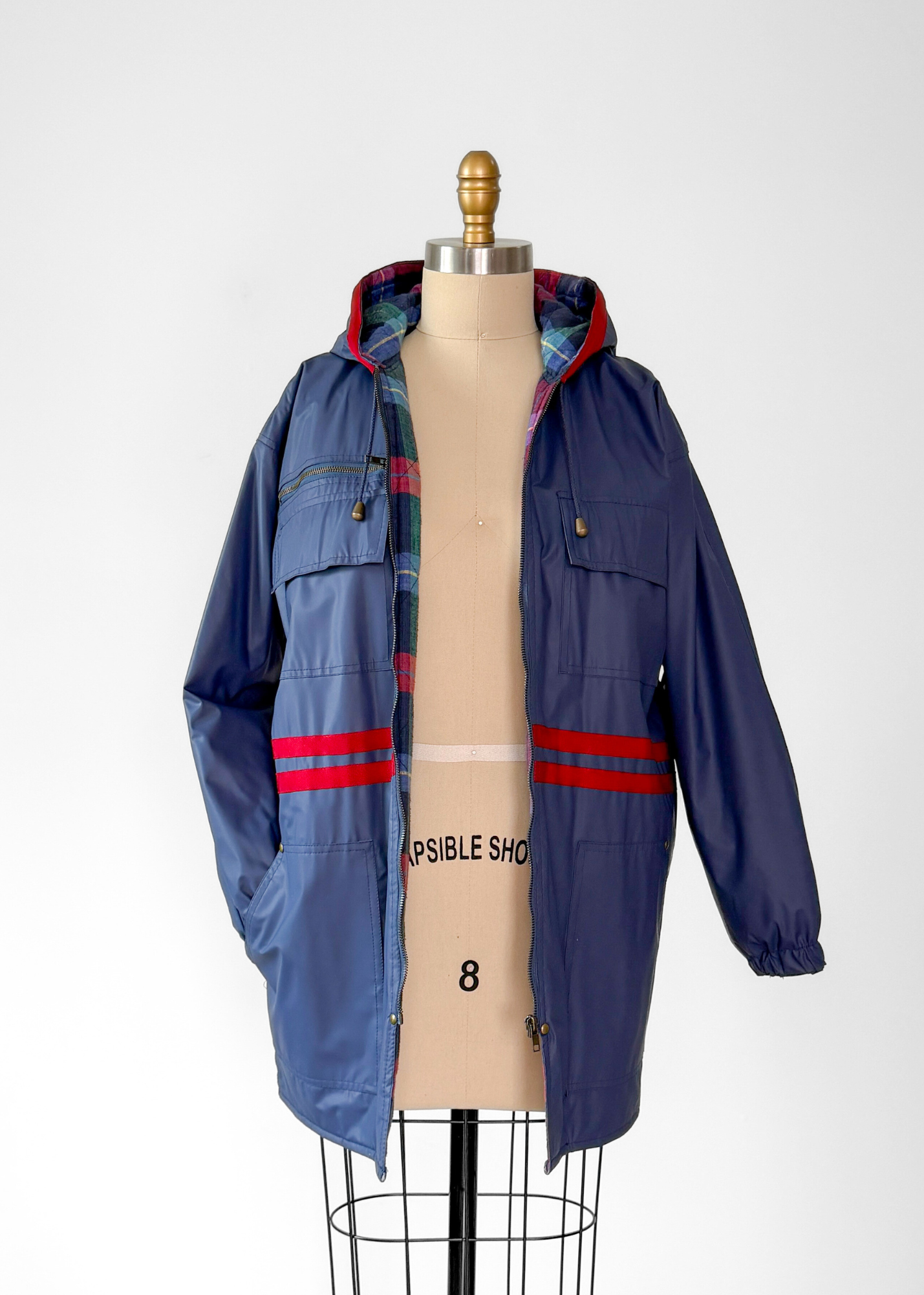 Vintage 90s J.G Hook Blue Red Plaid Rain Coat (S)