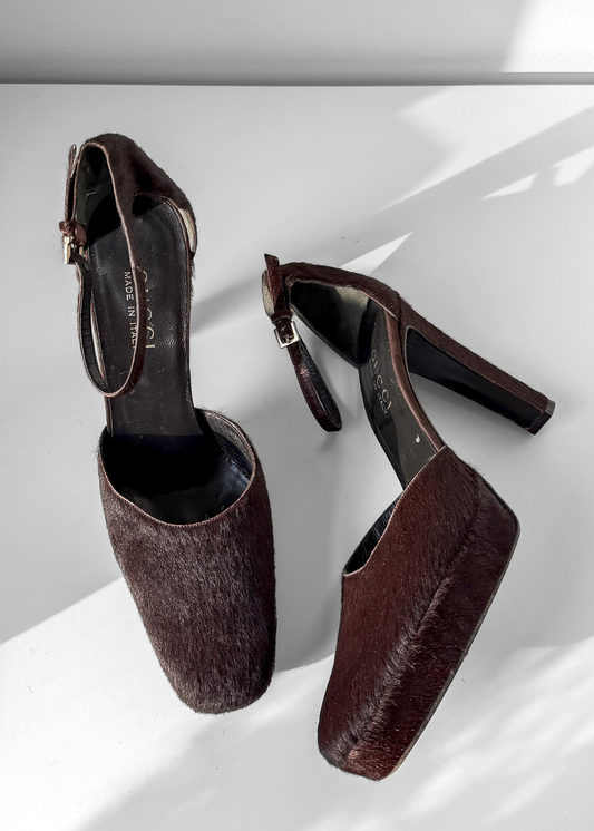 1996 Gucci by Tom Ford Brown Pony Hair Ankle Strap Square Toe Platform Heels (39)