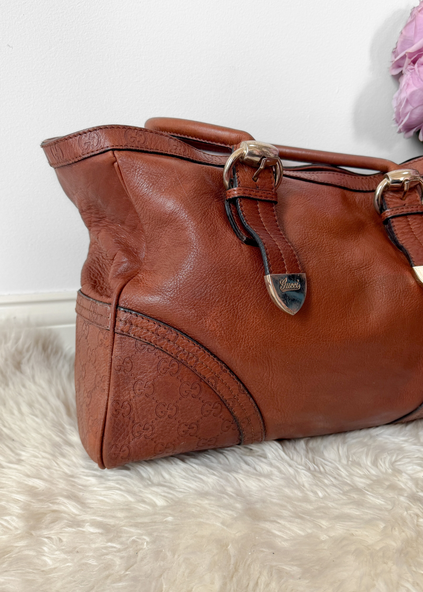 Vintage 00s Gucci Brown Leather Guccissima Signoria Large Tote Bag Shoulder Purse