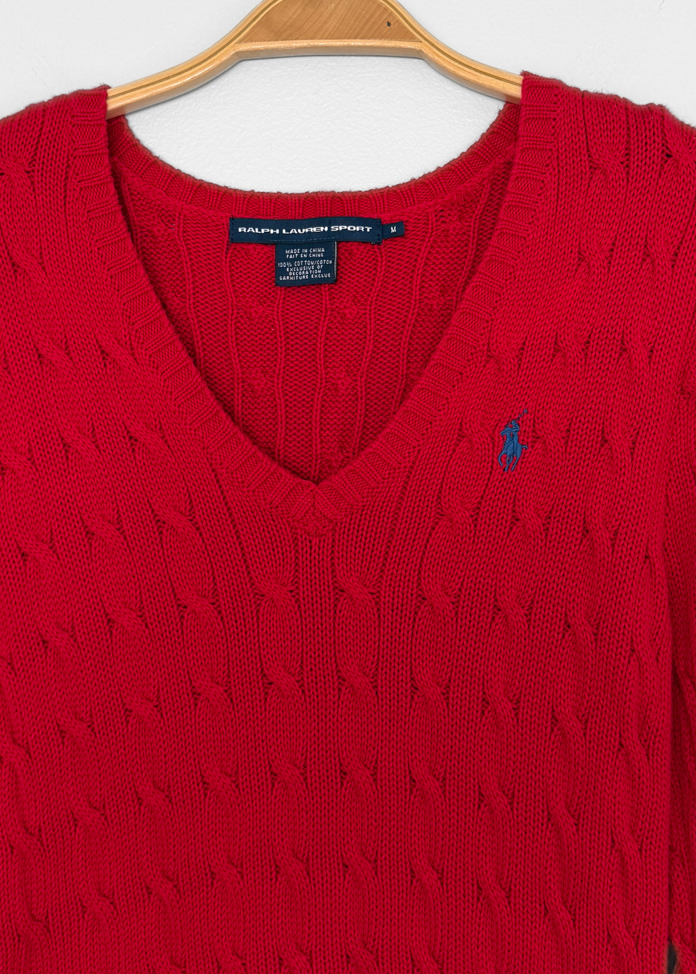 Vintage 00s Ralph Lauren Sport Red Cotton Cable Knit V-Neck Sweater (M)