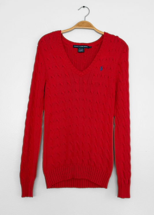 Vintage 00s Ralph Lauren Sport Red Cotton Cable Knit V-Neck Sweater (M)