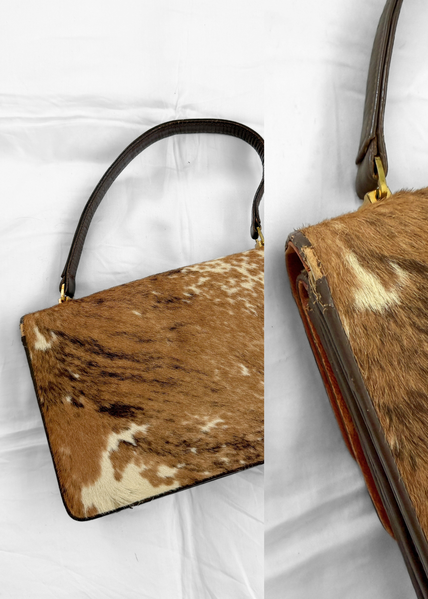 Vintage Calf Pony Hair Top Handle Brown Leather Handbag | Mid-Century Made in Mexico Purse