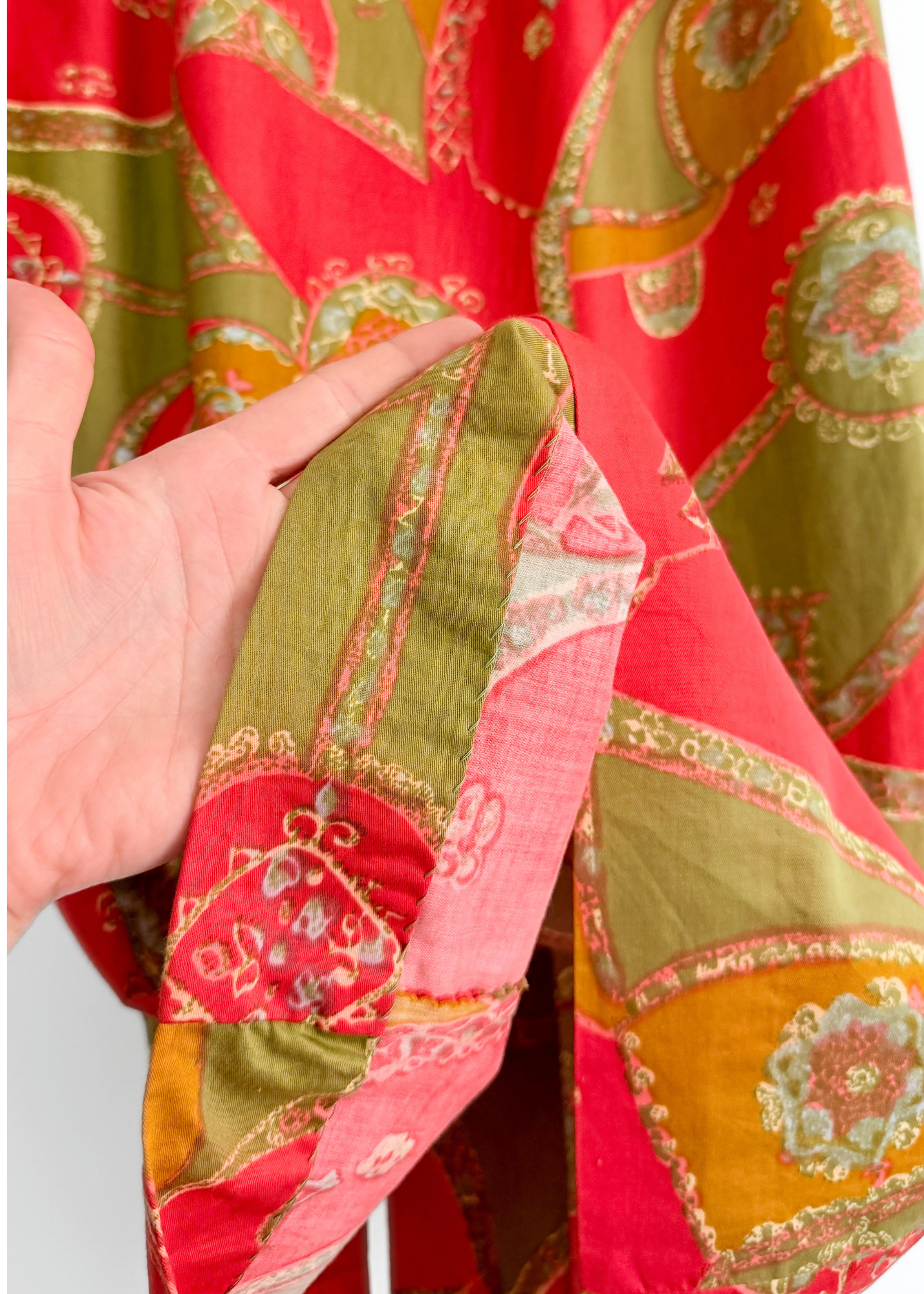 Vintage 60s 70s Malihini Designer Collection Hawaiian  Red Avocado Green Hostess Maxi Dress (M)