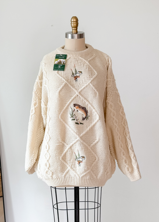 NEW Vintage Acorn British Wool Fisherman Sweater with Trout Fish Embroidered Cream Knit (men's L)