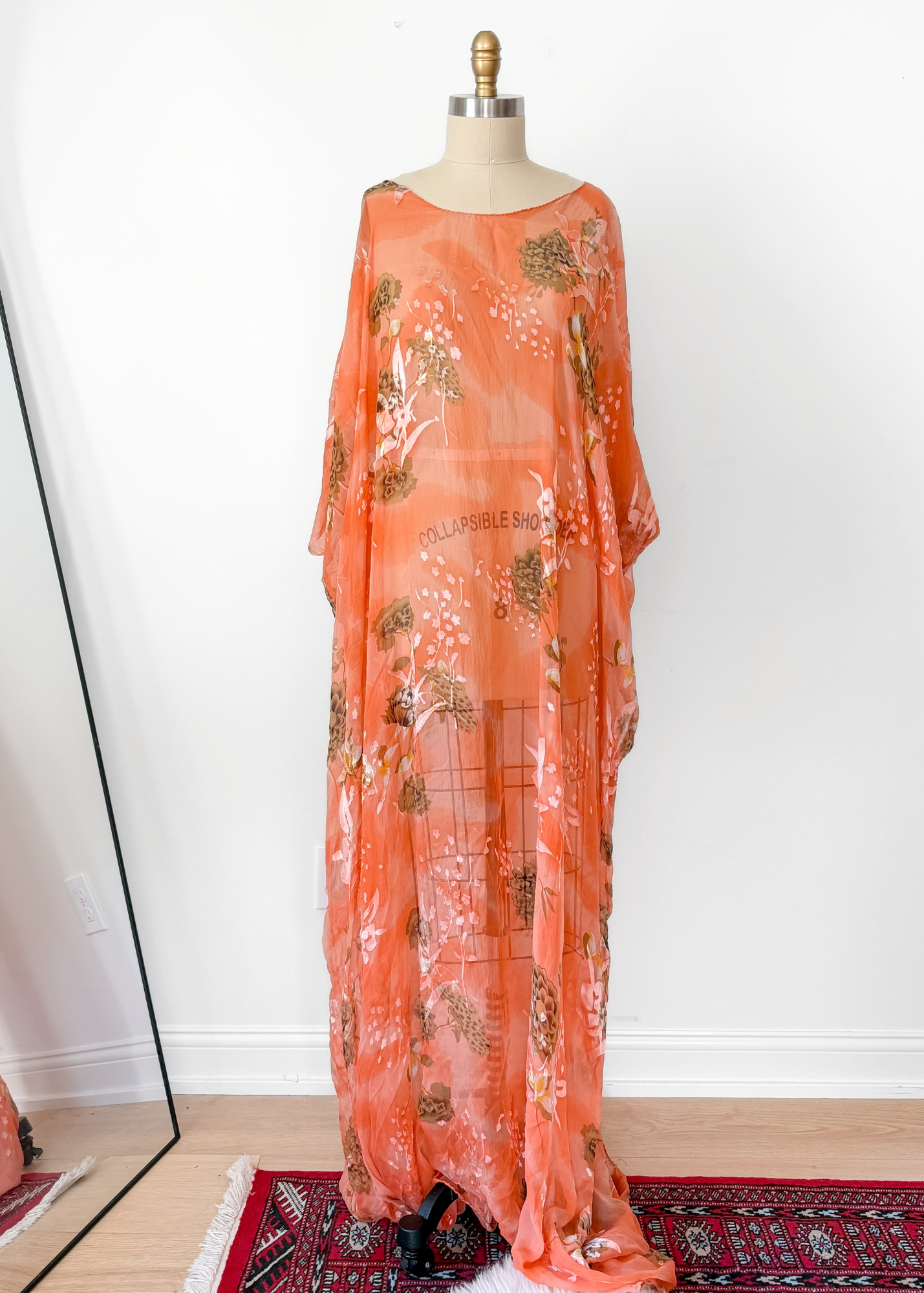 Vintage Hand Made Peach Coral Silk Kaftan Maxi Ethereal Boho Dress