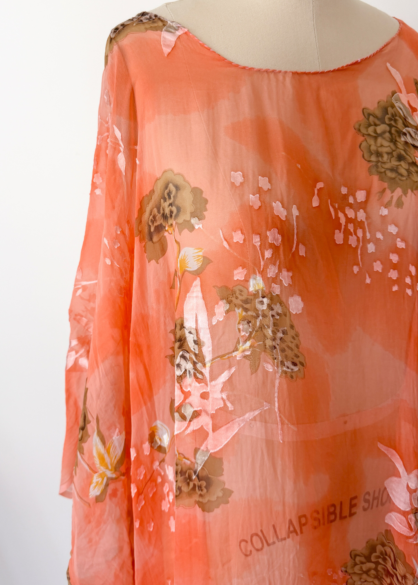 Vintage Hand Made Peach Coral Silk Kaftan Maxi Ethereal Boho Dress