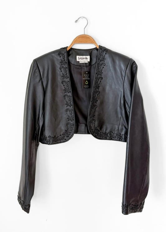 Vintage Bagatelle Leather Cropped Beaded Embroidered Bolero Jacket (L)