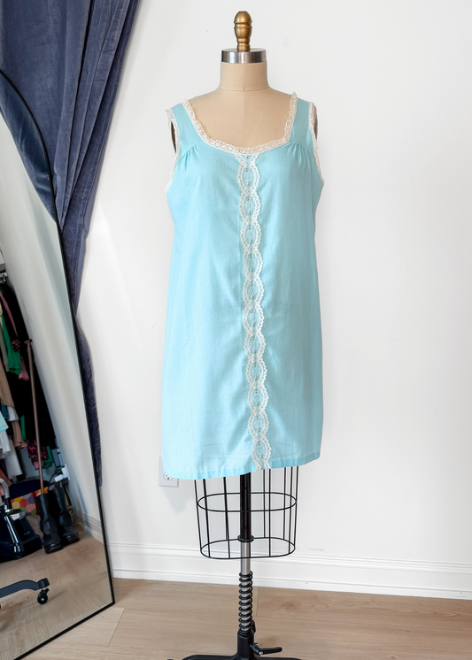 Vintage 60s Sears Light Blue Lace Trim Slip Nighty Dress (M)