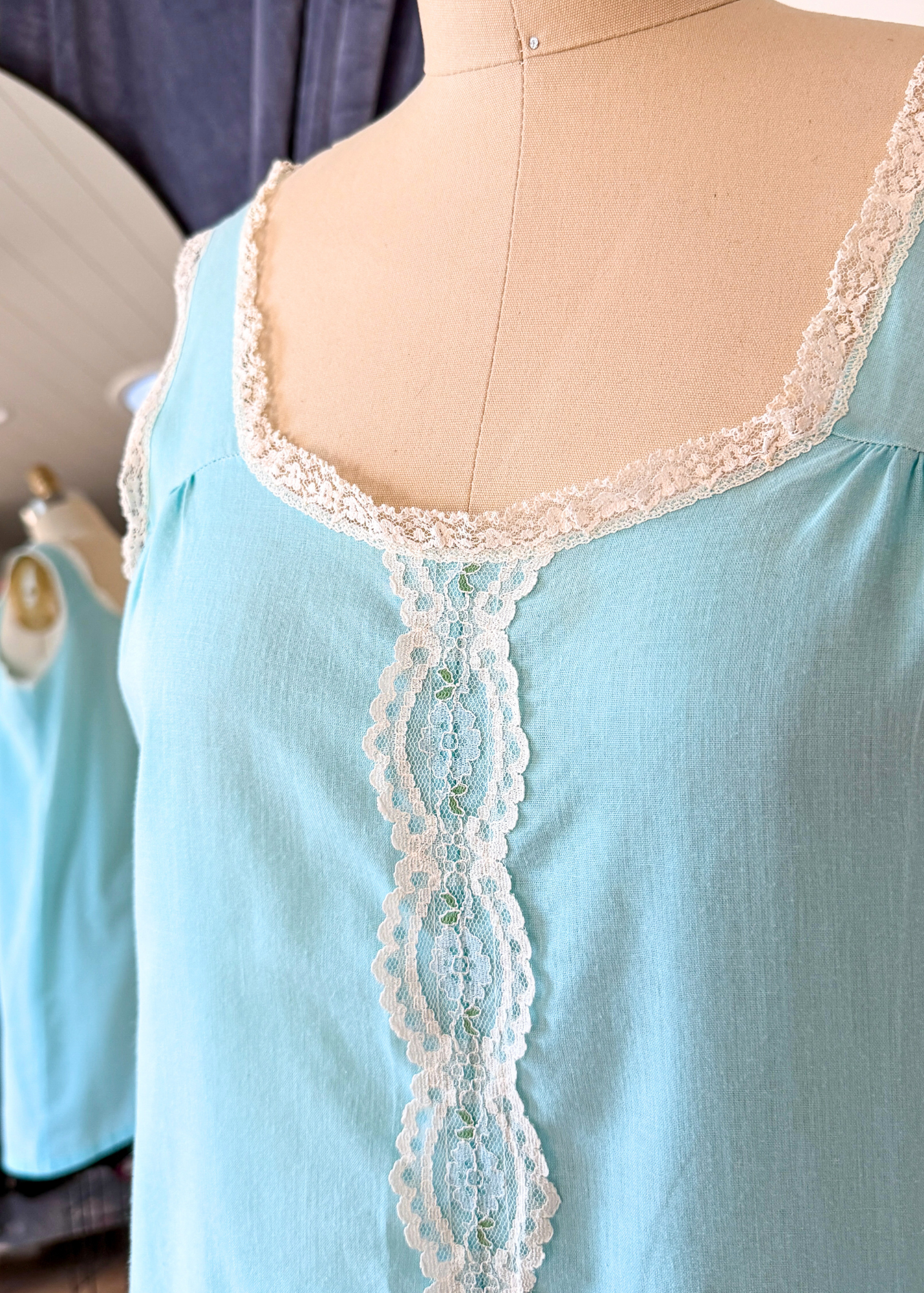 Vintage 60s Sears Light Blue Lace Trim Slip Nighty Dress (M)