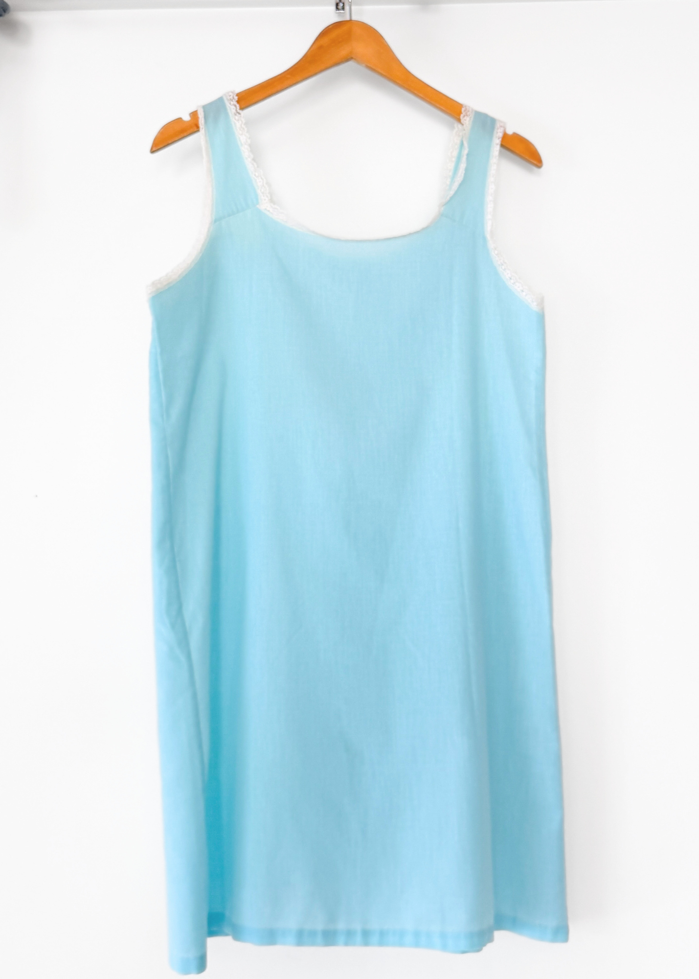 Vintage 60s Sears Light Blue Lace Trim Slip Nighty Dress (M)