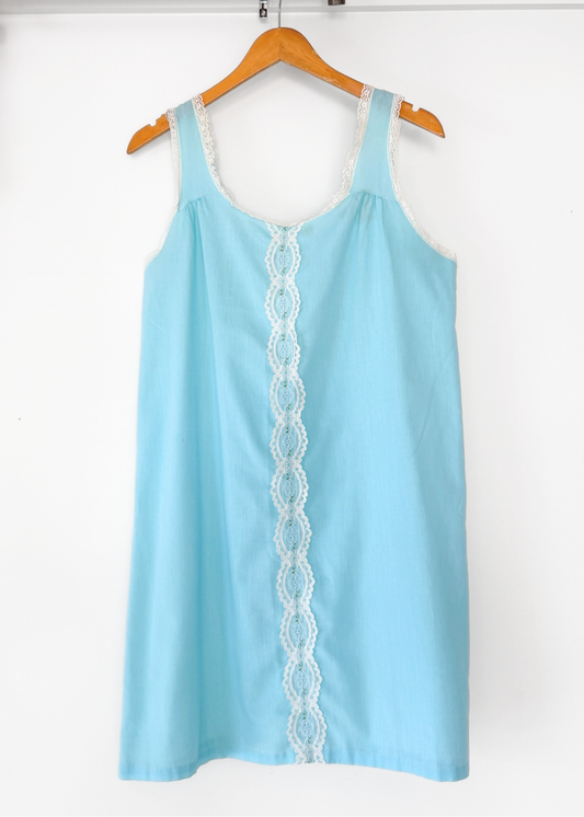 Vintage 60s Sears Light Blue Lace Trim Slip Nighty Dress (M)