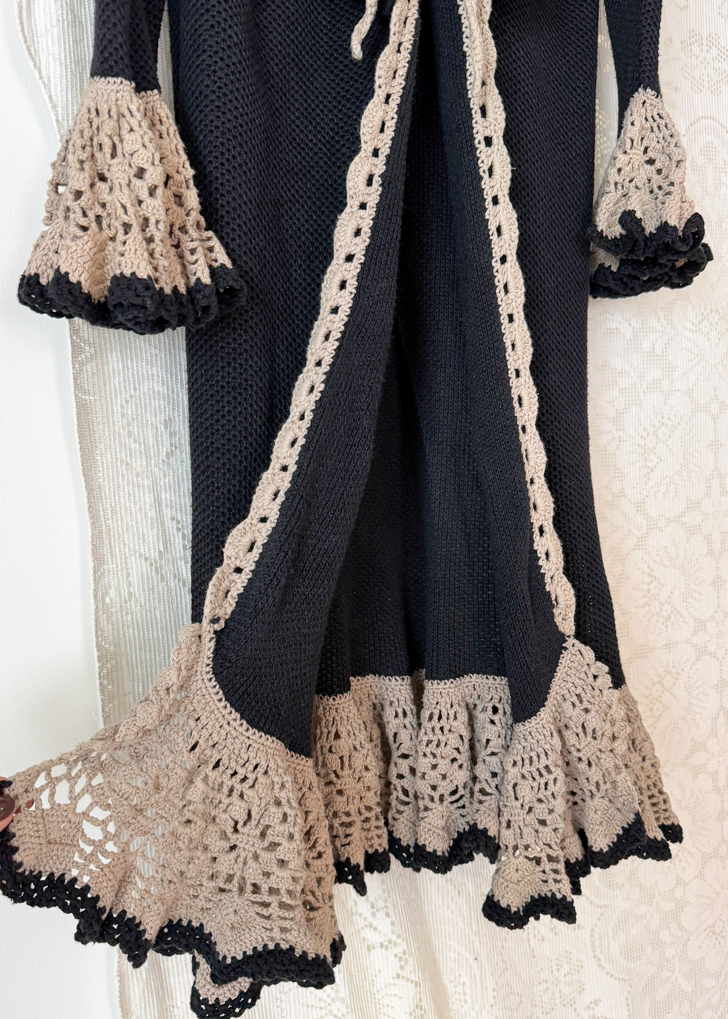 Vintage Lacy After Noon Black Tan Crochet Ruffle Duster Cardigan
