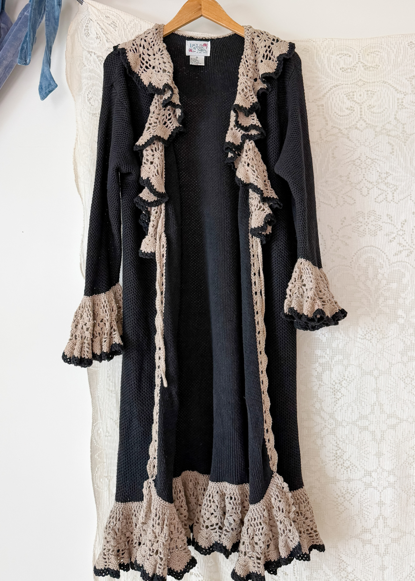 Vintage Lacy After Noon Black Tan Crochet Ruffle Duster Cardigan
