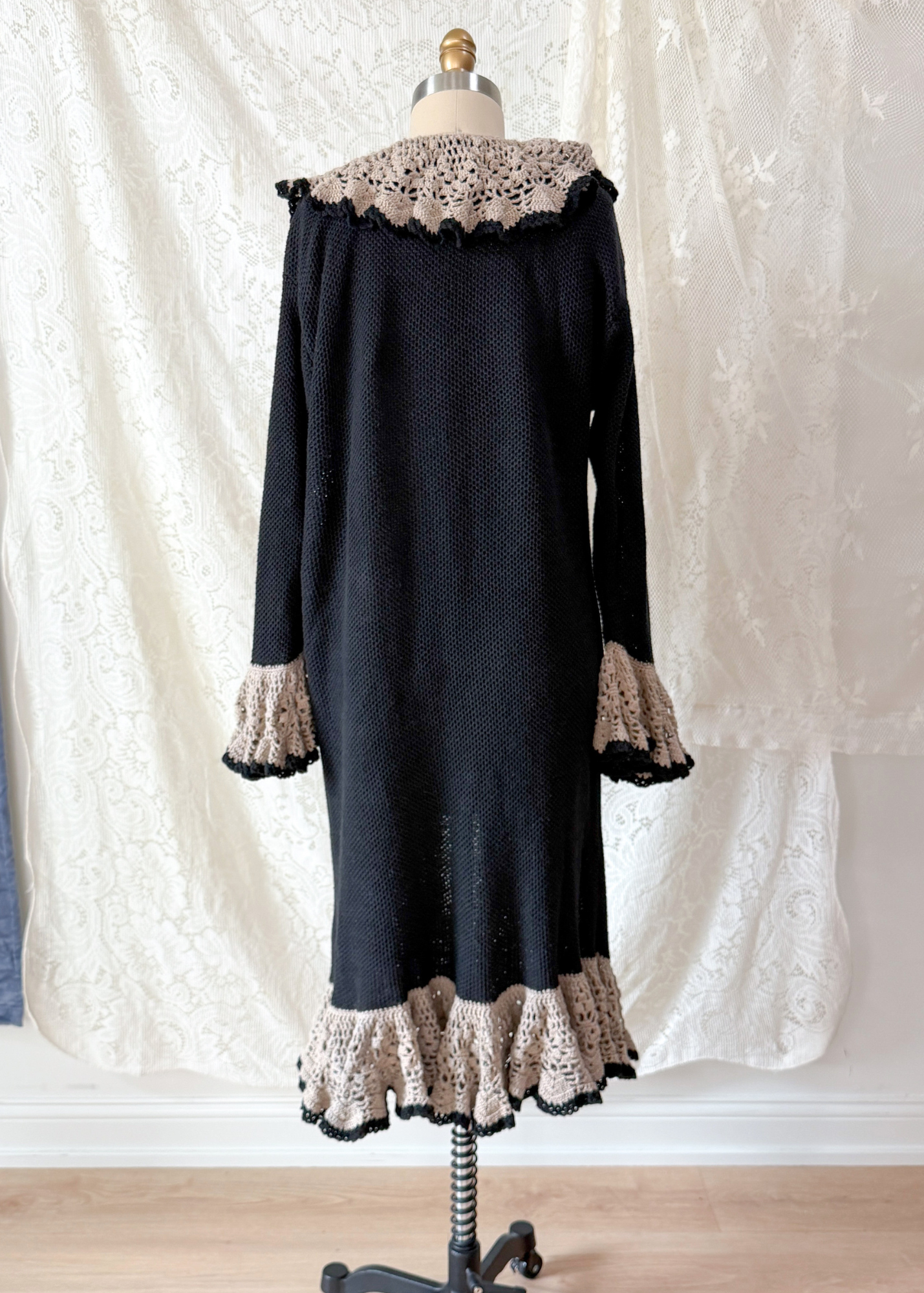 Vintage Lacy After Noon Black Tan Crochet Ruffle Duster Cardigan
