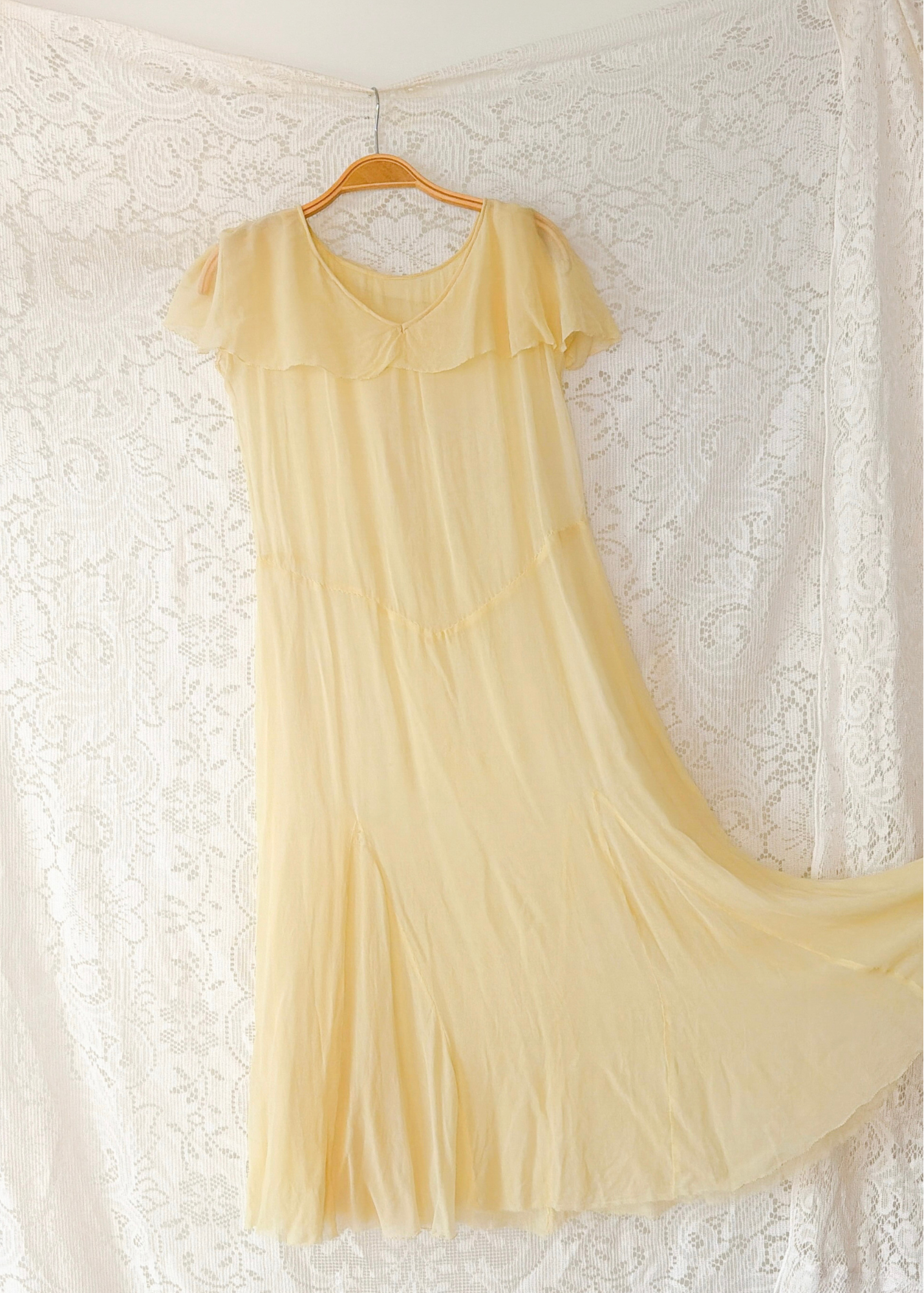 1930s Butter Yellow Silk Chiffon Bias Cut Dress