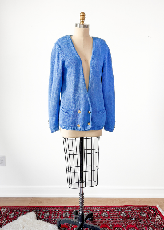 Vintage 90s Robert Scott LTD Cornflower Blue Knit Gold Double Breast Button Cardigan (L)