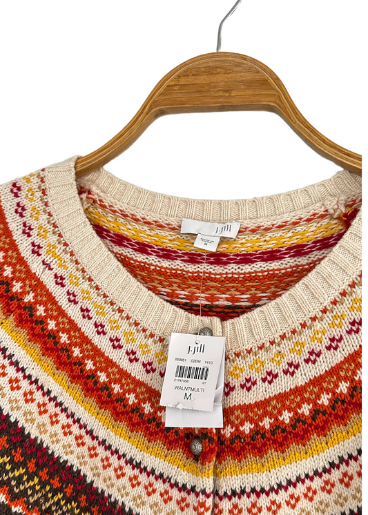 NEW J.Jill Fair Isle Brown Orange Button Front Cardigan Sweater (M)