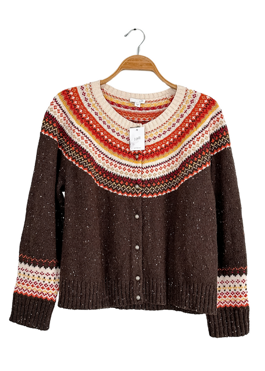 NEW J.Jill Fair Isle Brown Orange Button Front Cardigan Sweater (M)